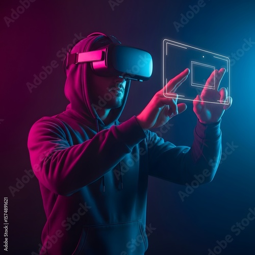 Man Using a Virtual Reality Headset to Interact with a Digital Screen, Exploring Futuristic VR Technology and Immersive Experiences in a Hoodie