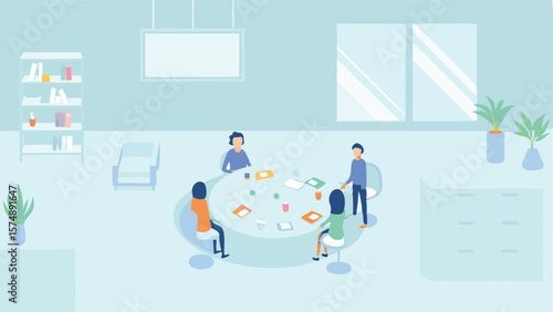 People are sitting around a table in a room with plants and a bookshelf in a light blue color scheme