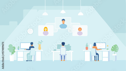 Illustration depicting three individuals working at desks with a virtual meeting in the background