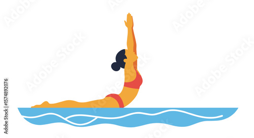 Female Aqua yoga performing a graceful stroke in a blue pool  
