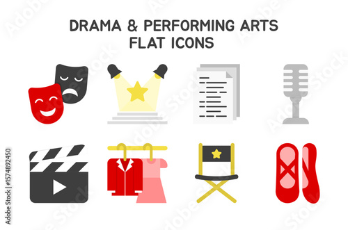 Drama and Performing Arts icon set featuring 8 flat icons. Perfect for use in theater programs, drama classes, performing arts posters, event promotion, and creative education materials.