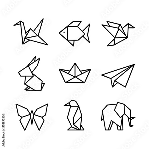 Origami paper folding icons collection. Outline symbols. Line design