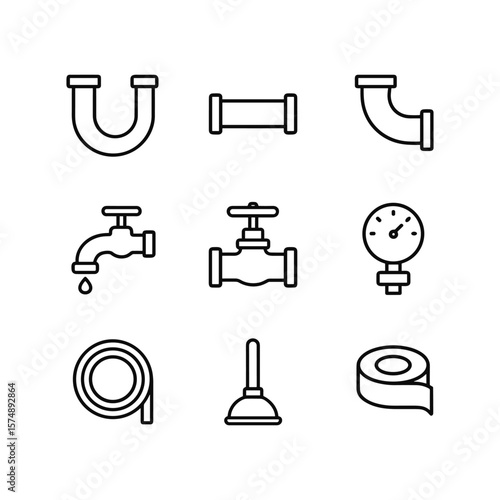 Bathroom and kitchen plumbing icons. Outline symbols. Line design