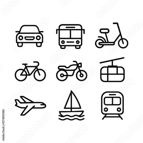 Urban mobility and transit vector icons. Outline symbols. Line design