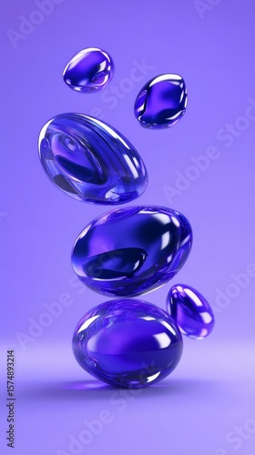 Glossy blue spheres morphing, balancing weightlessly against vivid purple background, forming mesmerizing abstract geometric landscape with fluid, dynamic movement