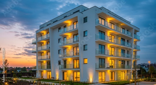 Modern white apartment building illuminated at dusk with warm interior lights