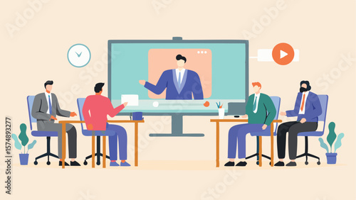 A group of people are sitting at tables watching a video conference with a presenter on a large screen