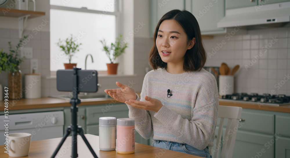 Young Asian woman vlogging while sitting at kitchen table indoors Young Asian woman vlogging while sitting at kitchen table indoors