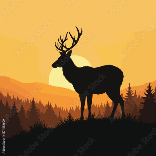 Silhouette of a Majestic Stag with Antlers Against a Golden Sunset in a Mountainous Forest