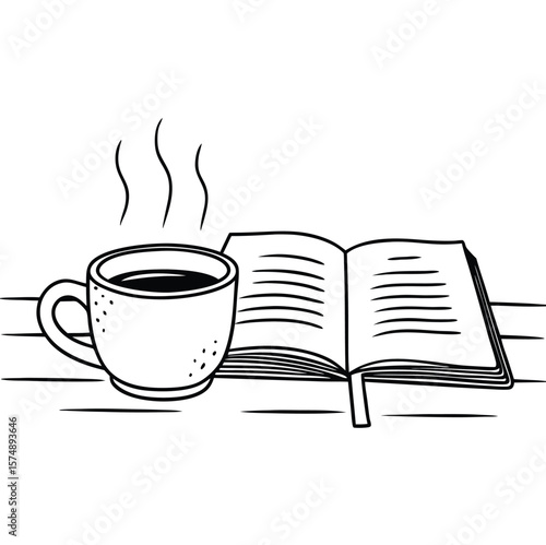 Print A cup of coffee next to an open book