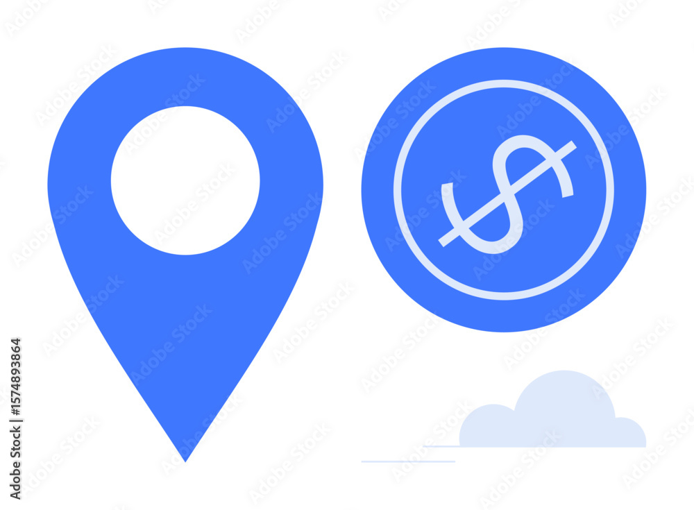 Blue location pin next to a dollar coin, with a minimal cloud accent. Ideal for finance, navigation, investments, savings, commerce, payment travel. A simple flat metaphor Blue location pin next to a dollar coin, with a minimal cloud accent. Ideal for finance, navigation, investments, savings, commerce, payment travel. A simple flat metaphor