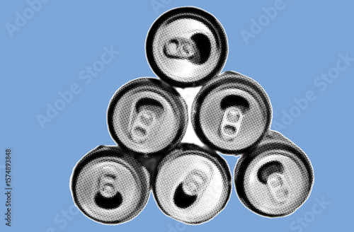 Group of empty drink cans pixelate grayscale color halftone dotted texture style collage element isolated on blue background. Top view.
