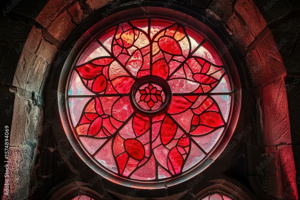 Obraz premium Red rose stained glass window illuminates medieval stone church, creating a spiritual atmosphere