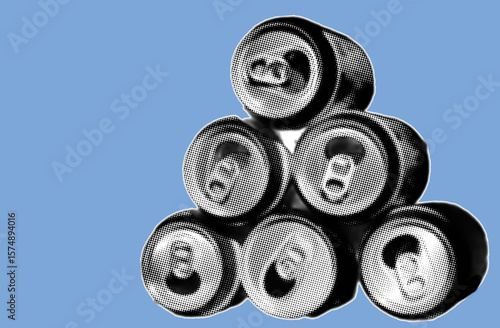 Group of empty drink cans pixelate grayscale color halftone dotted texture style collage element isolated on blue background. Top view.