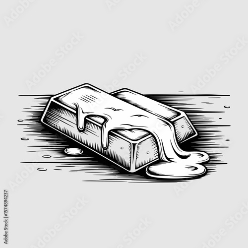 Black and white illustration of melting gold bars – Ideal for finance editorials, economic crisis visuals, or inflation concepts
