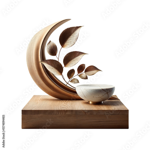 Marble  stand-bowl positioned on a light brown wooden platform, with a crescent-shaped wooden piece and  leaves