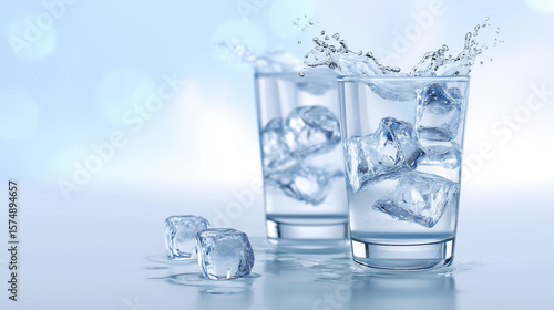 Wallpaper Mural Two clear glasses filled with water and ice cubes, splashing on a reflective surface.
 Torontodigital.ca