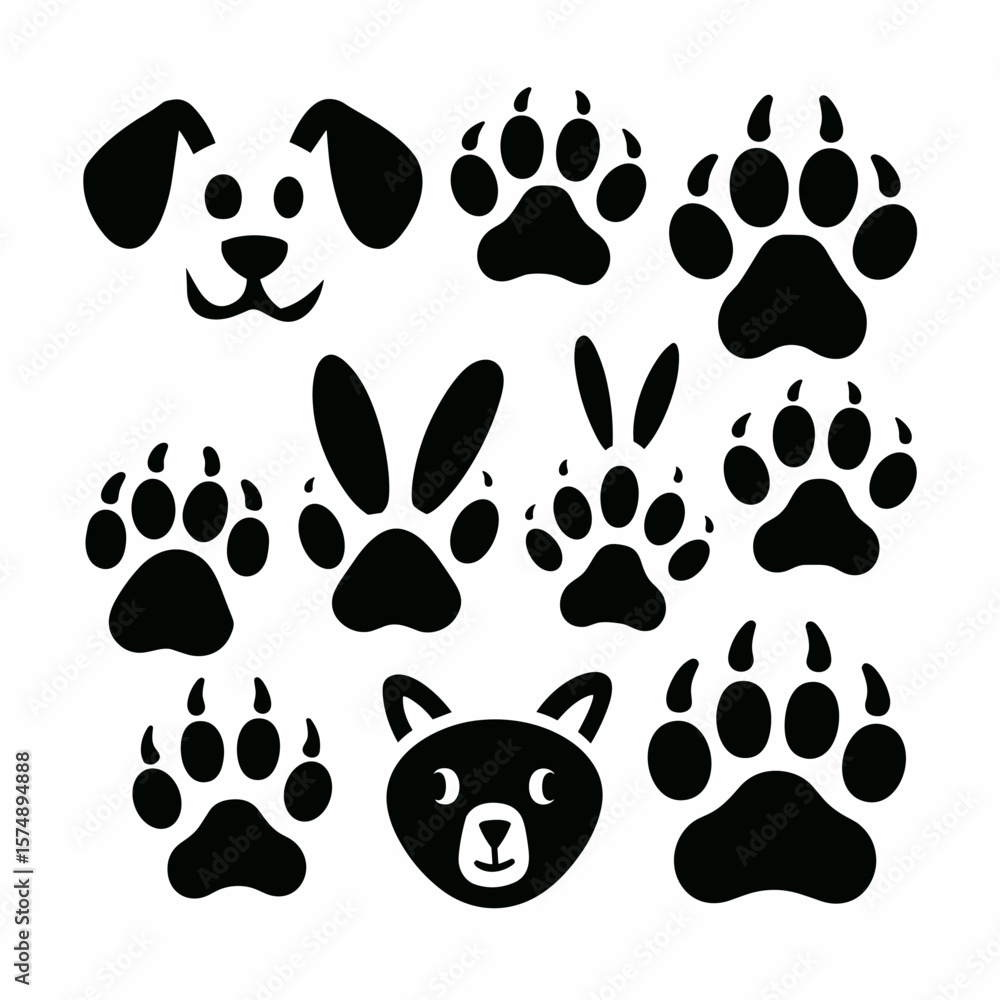 Obraz premium Vector icon sheet of black and white animal paw prints on white background