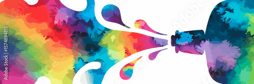 Watercolor splash set with paint blobs emerging from a bottle – Ideal for art supply branding, DIY projects, or design mockups