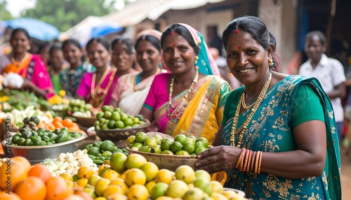 Smiling women at an Indian market, displaying fresh produce