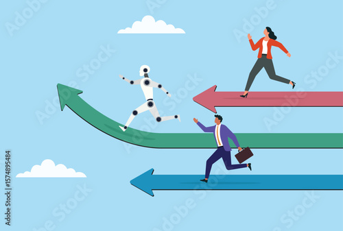 Vector illustration of human and artificial intelligence competing on different paths, symbolizing the dynamic race between human skills and ai capabilities in the digital age
