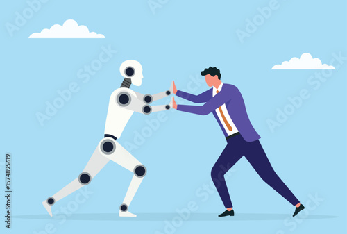 Vector illustration of a fight between a businessman and a robot, highlighting the ongoing battle between human ingenuity and the advancing power of artificial intelligence