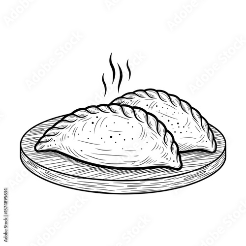 Steaming pastries on a wooden plate showcasing homemade baking and culinary warmth in a detailed line art style