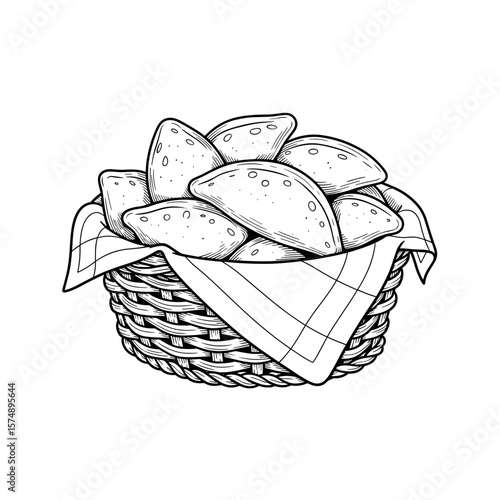 Basket filled with freshly baked pastries wrapped in a cloth showcasing homemade baking and culinary comfort in a detailed line art style