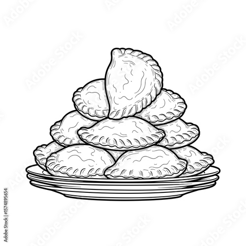 Plate piled high with freshly made pastries showcasing homemade baking and culinary abundance in a detailed line art style
