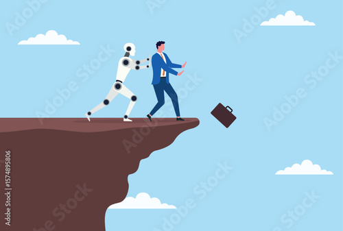 Vector illustration of a robot pushing a businessman off a cliff, representing the threat of automation and ai overtaking human roles in the modern workforce
