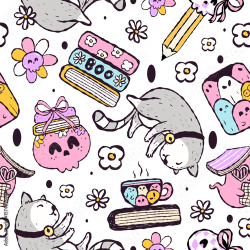 seamless pattern cute little ghost with Bookish halloween vibe.