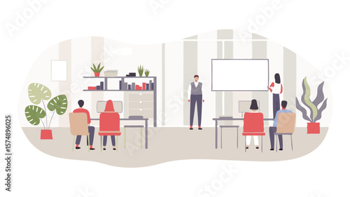 Illustration of a modern office space with people attending a presentation and working at desks area