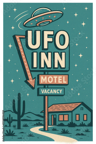 Retro UFO Motel Sign in Desert at Night with Stars and Flying Saucer, 1950s Vintage Style Vector Illustration