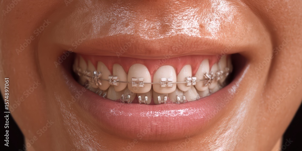 Fototapeta premium Cropped portrait of young woman smiling with dental braces showing natural beauty and healthy teeth orthodontic treatment concept for dental care hygiene medicine and modern healthcare promotion
