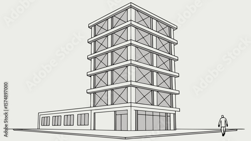 Illustration of a tall building with cross bracing and a person walking on the sidewalk near by