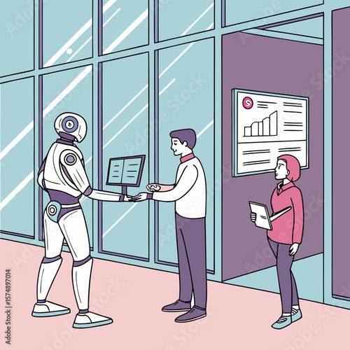 A robot handing a screen to a man while a woman looks at a graph in a modern office space