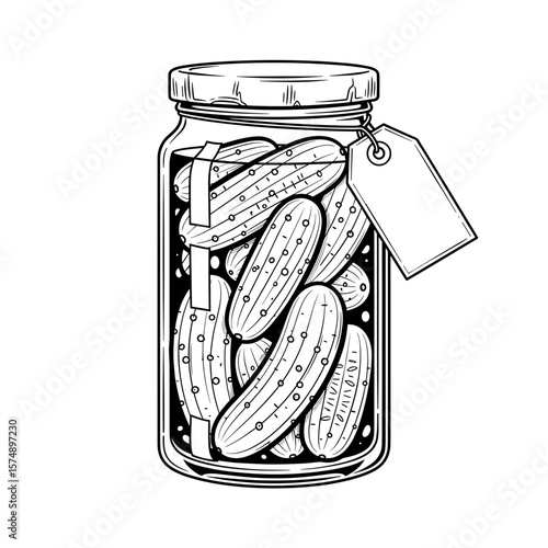 Jar of pickled cucumbers in brine with a label showcasing food preservation and homemade flavor in a detailed line art style