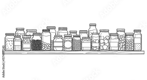 Shelf stocked with assorted jars showcasing food preservation and home canning in a detailed line art style