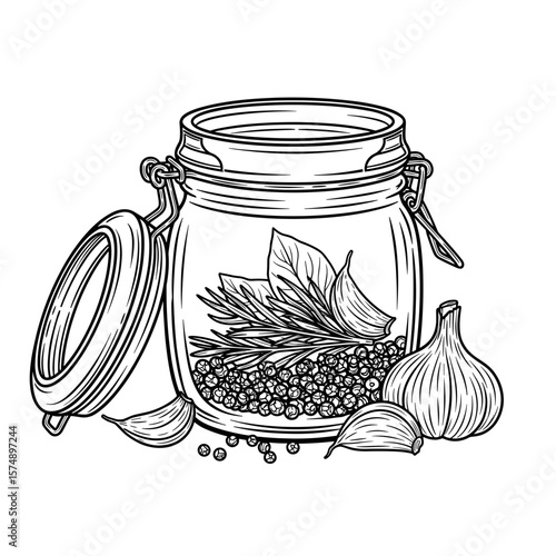 Jar filled with spices and herbs representing culinary creativity and flavor enhancement in a detailed line art style