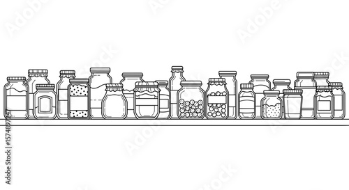 Shelf filled with various jars representing food preservation and home canning in a detailed line art style