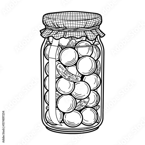 Jar filled with pickled vegetables illustrating food preservation and culinary creativity in a detailed line art style