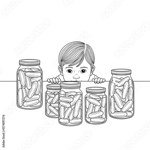 Child peering over jars of pickles representing curiosity and food preservation in a charming illustration