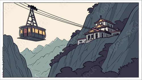 A cable car ascends towards a building nestled on a steep mountainside in a scenic landscape