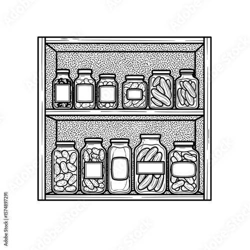 Kitchen shelf with various jars of preserved foods in black and white illustration, detailed drawing, pantry setting