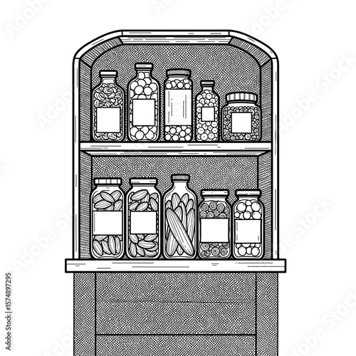 Shelf with various jars of preserved foods in black and white illustration, detailed drawing, kitchen pantry