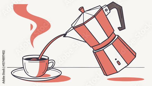 Illustration of a moka pot pouring coffee into a cup with steam rising on a white background image