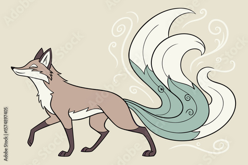 Illustration of a nine tailed fox with swirls and a neutral background walking peacefully