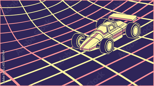 Retro race car on a neon grid background with a distinct 80s aesthetic design style