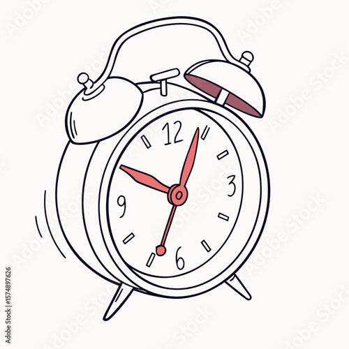 Illustration of a vintage alarm clock with red hands and outline style on a white background