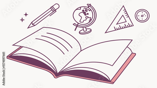 Illustration of open book with pencil globe ruler and clock on a white background design